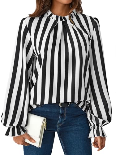 SOFIA'S CHOICE Women's Striped Long Sleeve Blouse Shirts Pleated Mock Neck Ruffle Top