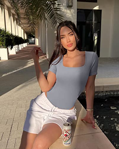 Image of OQQ Women's 2 Piece Bodysuits Sexy Ribbed One Piece Square Neck Short Sleeve Bodysuits