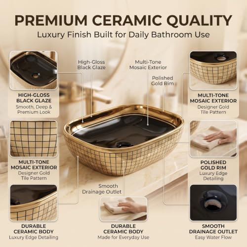 Image of InArt Luxury Tabletop Wash Basin, 455 x 325 x 135 mm, Glossy Black Ceramic Bowl with Multi-Tone Mosaic Gold Exterior, Countertop Bathroom Basin, Non-Overflow, Polished Gold Rim