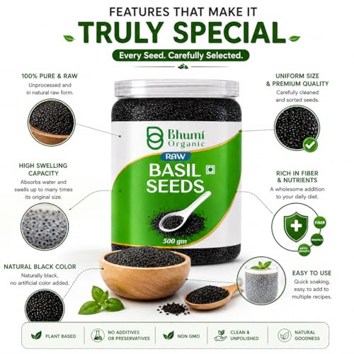 Image of Bhumi Organic Basil Seeds 500g | Sabja Seeds, Beat the Summer Heat, High Fibre, Omega 3