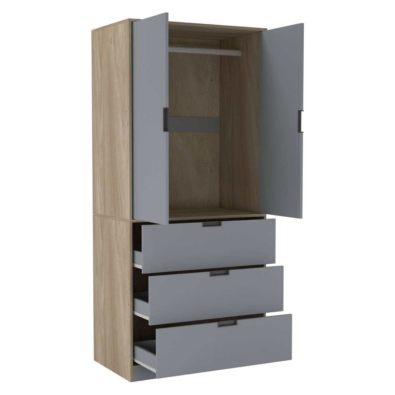 URBNLIVING Modern 2 Door Wardrobe with 3 Drawers & Hanging Rail, Stylish Freestanding Storage, Spacious Interior, Durable Chipboard Build, Easy to Assemble Bedroom Furniture - Image 2