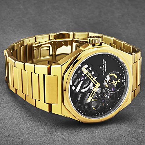 Manager Men's 'Revolution' Black Dial Stainless Steel Bracelet Hand Winding Watch MAN-RM-10-GM2