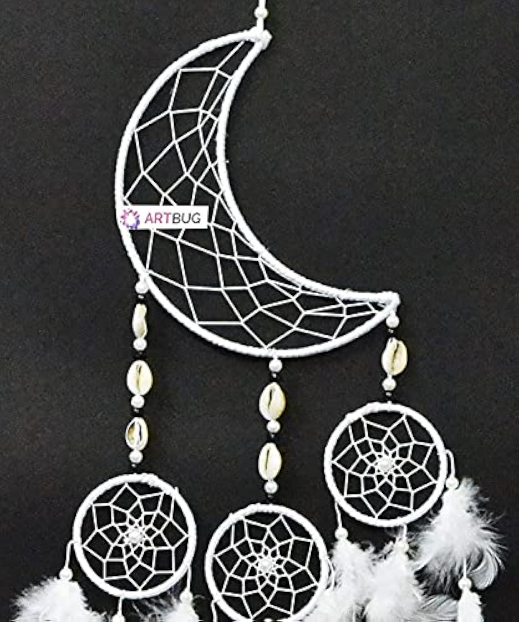 Moon and 3 Circles Natural Feather Dream Catcher Wall Hanging