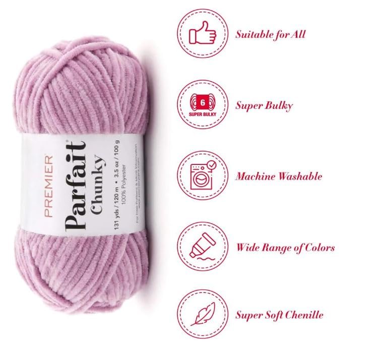 Image of Premier Yarns Parfait Chunky Chenille Yarn 3.5 Oz 6 Super Bulky Weight 3 Pack Bundle with Bella's Stitch Place Holders (Dusty Mauve)