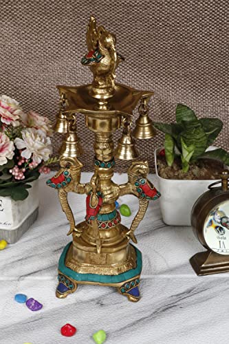 Artvarko Lámpara de latón de pavo real multicolor de piedra parriot Diya Diwali Puja para decoración de entrada del hogar, regalo (5 x 5 x 13 pulgadas)
