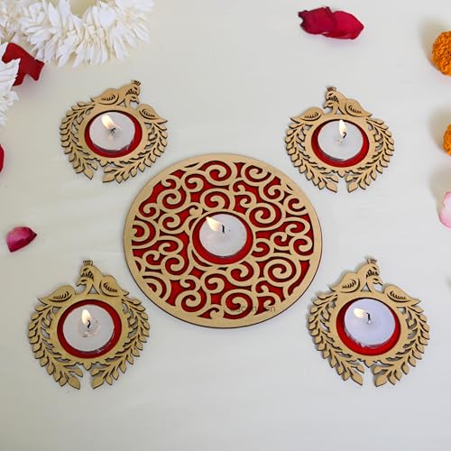 Image of Ascension Wooden Peacock Design Rangoli Set with Tealights | MDF Reusable Rangoli Stencil | Diwali Decoration Items for Home Decor Pongal Pooja Mandir