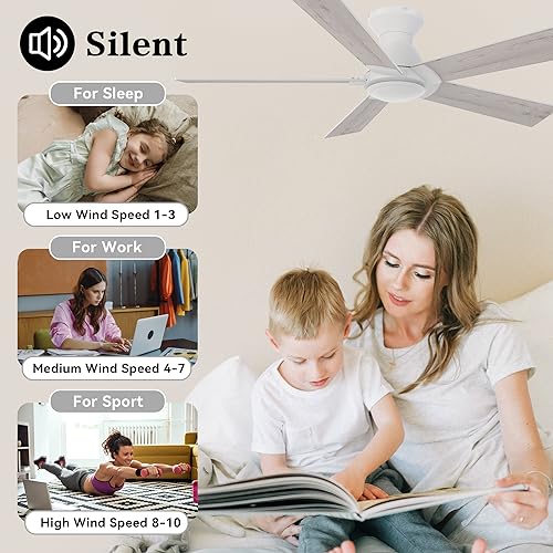 52-Flush-Mount-Ceiling-Fan-No-Light-Low-Profile-Ceiling-Fan-with-Remote10-Speeds-Reversible-DC-Motor-2-in-1-Plywood-Modern-Ceiling-Fan-No-Light-for-Living-RoomBedroomWhite-Maple-and-White