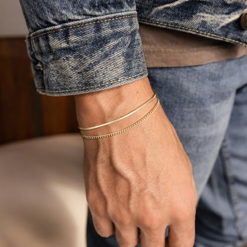 Moodear Stack 6.5-8In Mens Bracelet Set - Dainty 14K Gold Plated 2mm/5mm Snake Cuban Figaro Chain Bracelets for Men Jewelry Gift3