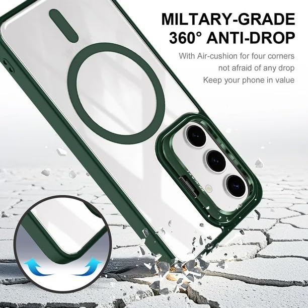 Image of VONZEE Polycarbonate Compatible for Samsung S25 Plus 5G Case, (Compatible with Magsafe) Protective Case, Built-in Stash Stand Phone Case, Scratch-Resistant Back Cover,|Green