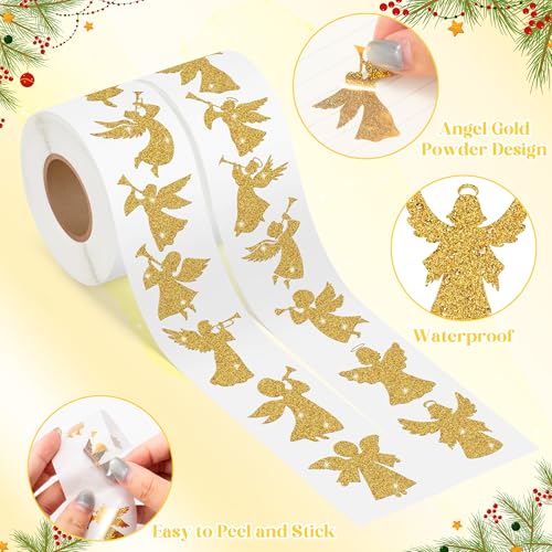 Image of Gold Angel Christmas Stickers - 2 Rolls 16 Gold Foil Angel Designs Waterproof Holiday Decorations for Gift Wrapping, Scrapbook, Kids Crafts, Party Favors, Glass Windows & Laptop Decor