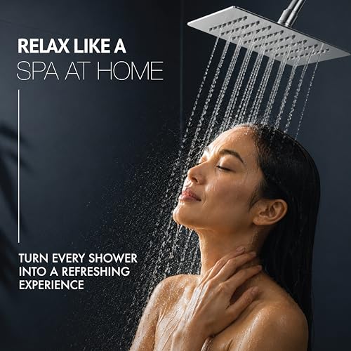 Image of Robustt Shower Head for Bathroom Overhead | 8x8in Square Rainfall Bath Shower with 81 Anti-Clog Silicone Nozzles, 360 Swivel, High Pressure Flow & Chrome Finish | Easy Installation