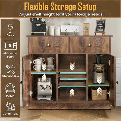 Image of ABOUT SPACE 3ft Kitchen Storage Cabinet with 2 Drawers, Open Center Shelf, 2 Closed Cabinet with Adjustable Shelves Modern Kitchen Rack Cupboard for Dining Room, Living Room, Entryway - Walnut
