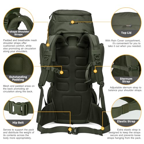 Image of Mardingtop 60L Military Internal Frame Backpack for Hiking,Camping,Hunting,Rucksack Backpack with Rain Cover