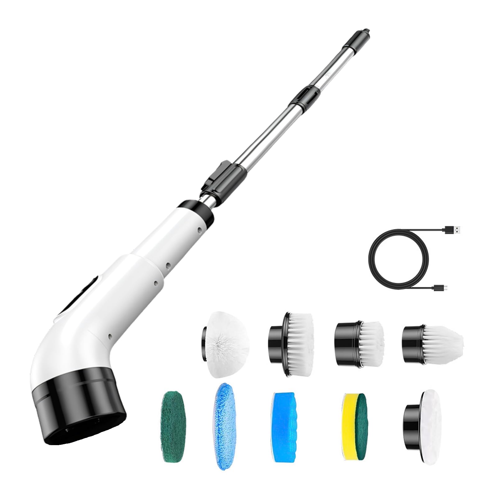 Rechargeable Rotating Scrubber with USB Charging Cable, Long Handle and 9 Heads for Bathroom Kitchen Grout Routine Motorized Scrubber Rotating Brush Ceramic Grout Care
