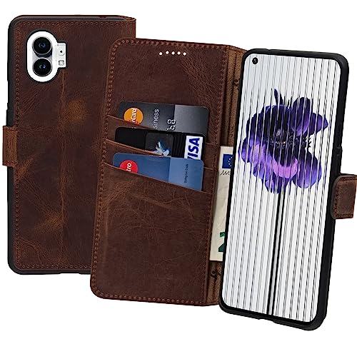 Suncase Book-Style Hülle kompatibel mit Nothing Phone (1) Leder Tasche (Slim-Fit) Lederhülle Handytasche Schutzhülle Hülle mit 3 Kartenfächer in antik-Coffee