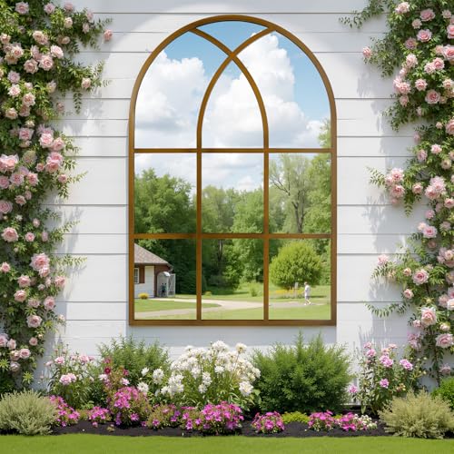 Image of Reflix Arched Window Mirror, 75x100 cm Wall Mirrors for Decor Garden Outdoor, Distressed Gothic Arch Mirror with Aluminum Frame for Hallway,Living Room,Bedroom, Entryway, Bronze