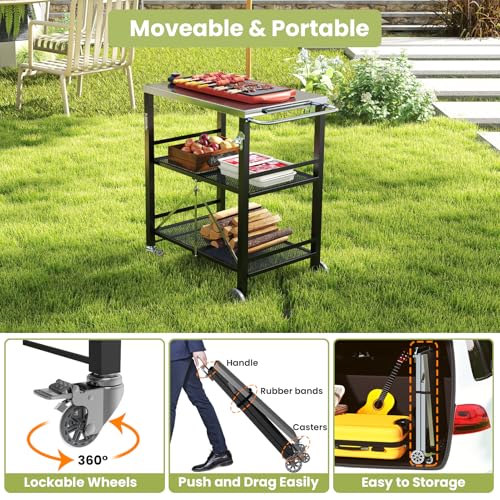 YORKING-Foldable-Outdoor-Grill-Cart-Stainless-Steel-3-Tier-Kitchen-Cart-with-2-Lock-Wheels-Moveable-BBQ-Table-Kitchen-Island-with-Tool-Hooks-Bottle-Opener-for-Home-Party-Bar-Camping-Black YORKING Foldable Outdoor Grill Cart Stainless Steel 3 Tier Kitchen Cart with 2 Lock Wheels Moveable BBQ Table Kitchen Island with Tool Hooks Bottle Opener for Home Party Bar Camping Black