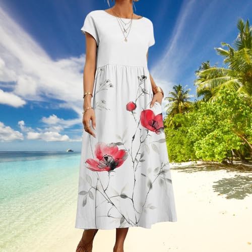 Boho Maxi Dress Floral Cap Sleeve High Waist Smocked Flowy Casual Church Summer Long Womens Tshirt Dress - Image 2