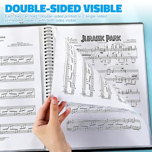 A4 Notenmappem, 60 Páginas/120 Taschen Klaviermappe Tragbar Notenordner Wasserdichter Kunststoff Chormappe Schwarz mit 100 Haftnotizen für Klavier Gitarre Violine Fotos