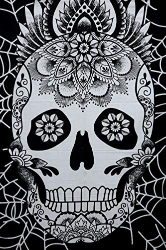 Trade Star Abstract Floral Skull Canvas Wall Art Tapestry Black & White Queen Tapestry For Wall Hanging Indian Cotton Tapestry For Festive Decor (220 X 240 Cms, Pattern 4) #TOP2