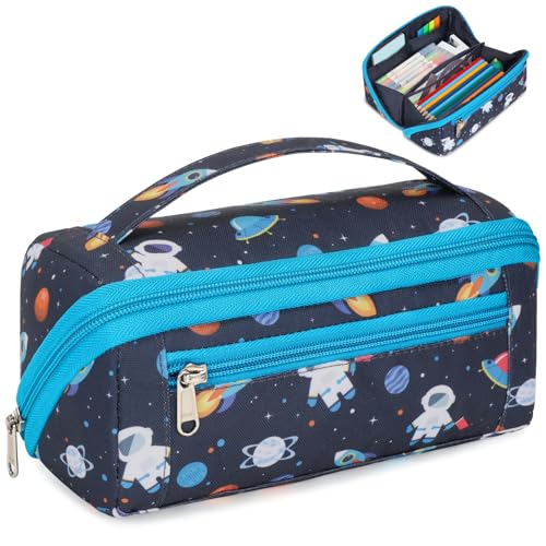 Image of Large Pencil Case for Boys, Durable Pencil Pouch for School, Wide Opening Soft Bag with Handle, Fits 50 Pens & Markers (Dark Blue Space Astronaut)