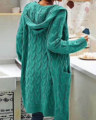 Image of Women Hooded Open Front Cardigan Cable Knit Chunky Long Sweater Coats | solid color, cable knit ,long duster cardigan,chunky coatigan,winter ,falll ,side pockets