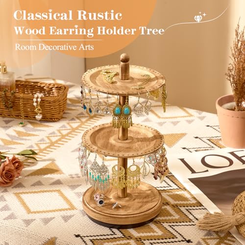 BNING Earring Holder Organizer, Rotating Solid Wood Earring Organizer Stand for Women Girls, 3-Tier Jewelry Holder Organizer With 102 Holes for Display, Gifts for Her (Brown)