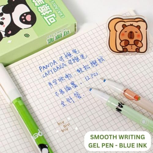 Image of UCRAVO Erasable Gel Pens Pack of 12 | Cute Panda Fine Tip Blue Ink Pens with Eraser | Smooth Writing Retractable Gel Pens for Students, School, Office, Journaling, Notes, Planner & Kids Stationery