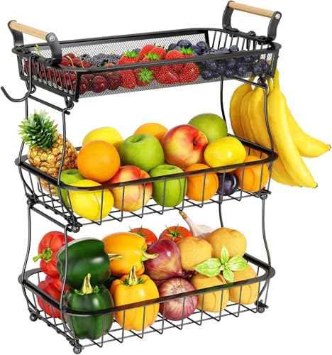 Corbeille à fruits à 3 niveaux avec 2 cintres bananes pour comptoir de cuisine, comptoir de légumes, support de rangement en fil métallique de grande...