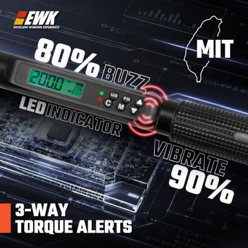 Image of EWK 1 /2 inch Drive Digital Torque Wrench 12.5-250 ft-lbs (17-340 Nm), High-Precision and Easy-to-Read, ±1.5% Accuracy for Car, Truck, Motorcycle & DIY Repairs | ISO 6789, ±1.5% clockwise / ±2.5% counterclockwise, LCD Display, LED Buzzer Vibration Alert, 30 Memory Values