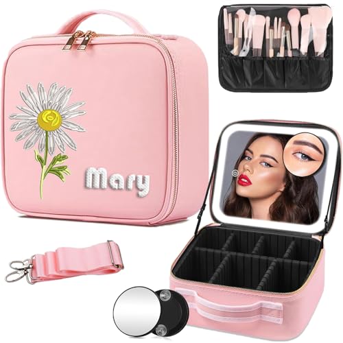 Travel Makeup Bag with LED Mirror - Personalized Makeup Bag with Name & Birth Flower Portable...