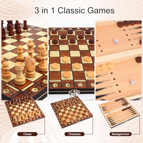 Jeu d'échecs en bois magnétique pliant avec backgammon et dames débutant - 4