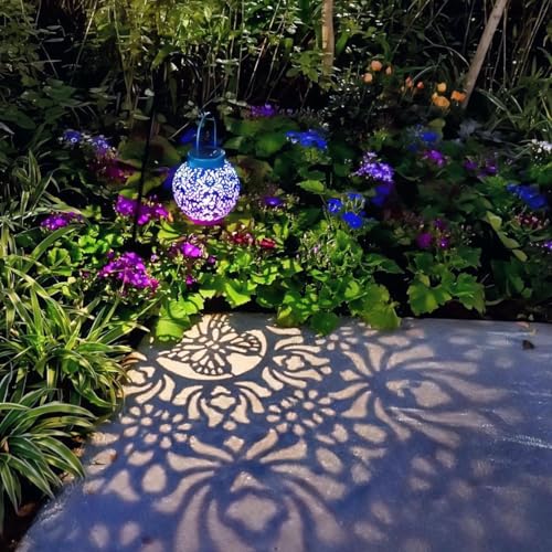 Image of 2 Pack Outdoor Solar Hanging Lantern Lights Metal LED Decorative Lamp for Garden Patio Courtyard Lawn and Table with Hollowed-Out Design (Royal Purple)