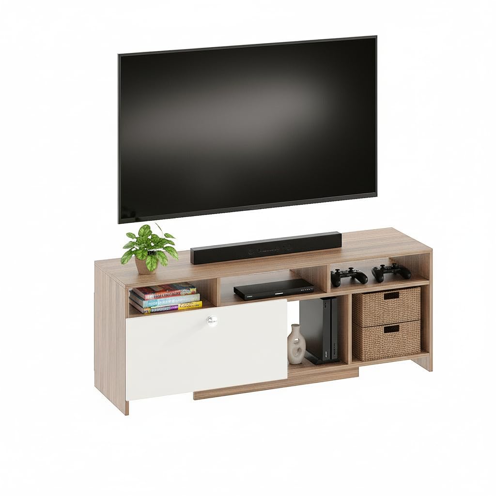 Dubbliss Engineering Wood Floor TV Cabinet/Entertainment Unit/Set Top Box Stand/TV Table with Storage & Display Shelves for 55" (Exotic Teak & White)-image-20