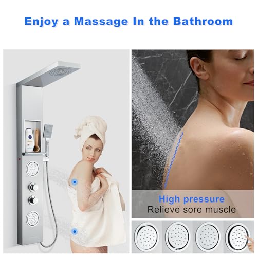 POPFLY Shower Panel with Shelf, LED Shower Tower with Mist ＆ Rainfall System, 2 Body Spa Jets and Tup Spout, 304 Stainless Steel Shower Tower Column, Brushed Nickel - Thumbnail 5