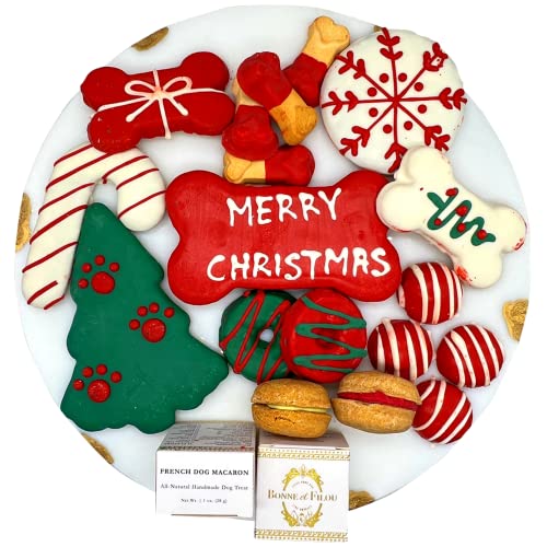 Bonne et Filou Christmas Dog Treats, Luxury Gourmet Gift Box, 18 Hand Designed Macarons, Truffles & Bone Cookies, Perfect Holiday Snack for Medium to Large Dogs