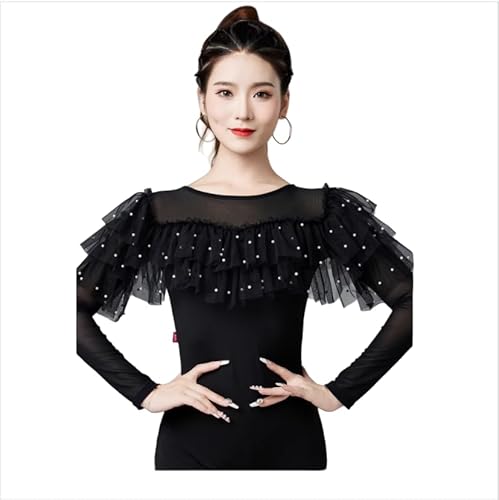 Yhhsgscr Round Neck Ballroom Practice Clothes for Women Banquet Top Long Sleeve National Standard Tango Dance Bodysuit,Black,XL