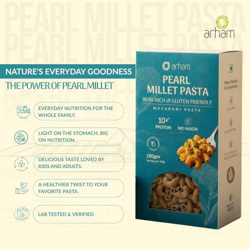 Image of Arham Organic Pearl Millet Pasta 180g | Healthy No Maida Pasta | High Fiber & Protein | Non-GMO | No Preservatives | Chemical-Free | Easy & Quick to Cook