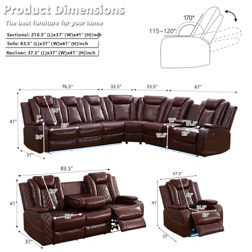 Image of Leather Power Reclining Sectional Sofa Set with LED Light,L Shaped Leather Sectional Recliner Couch Set with 5 Recliner Seats,Modular Sofa with USB Port,Cup Holder,Storage for Living Room Furniture