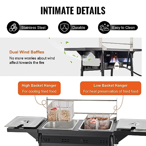 VEVOR Outdoor Propane Deep Fryer, Double Burners Commercial Fryer, 16 Qt Stainless Steel Cooker with Removable Baskets & Lids & Tanks, Oil Fryer Cart with Thermometer & Regulator, For Outdoor Cooking