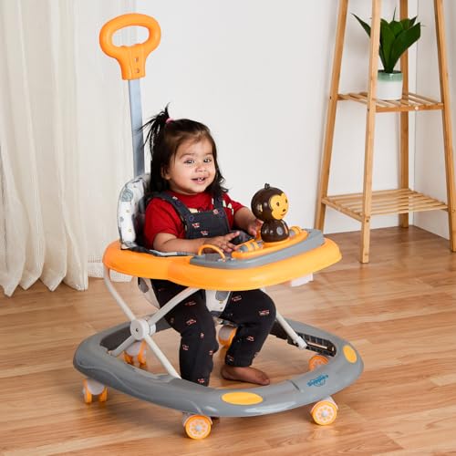 Image of Amazon Brand - Supples Baby Activity Walker with Parental Handle | BIS Certified | 3-Level Height Adjustment, Convertible Toy & Food Tray, Music, 360 Rotating Wheels | for 9+ Months |Grey & Yellow