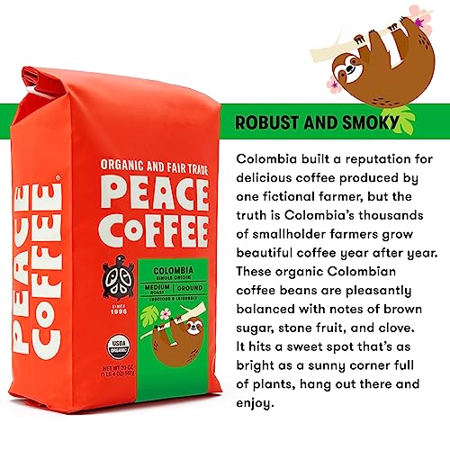 Peace Coffee Colombia Single Origin Coffee | 20 Oz Whole Bean Medium Roast | Organic Fair Trade Coffee | Smooth, Crisp Flavor | Anei Cooperative | Shade Grown, Fresh Roasted #TOP1