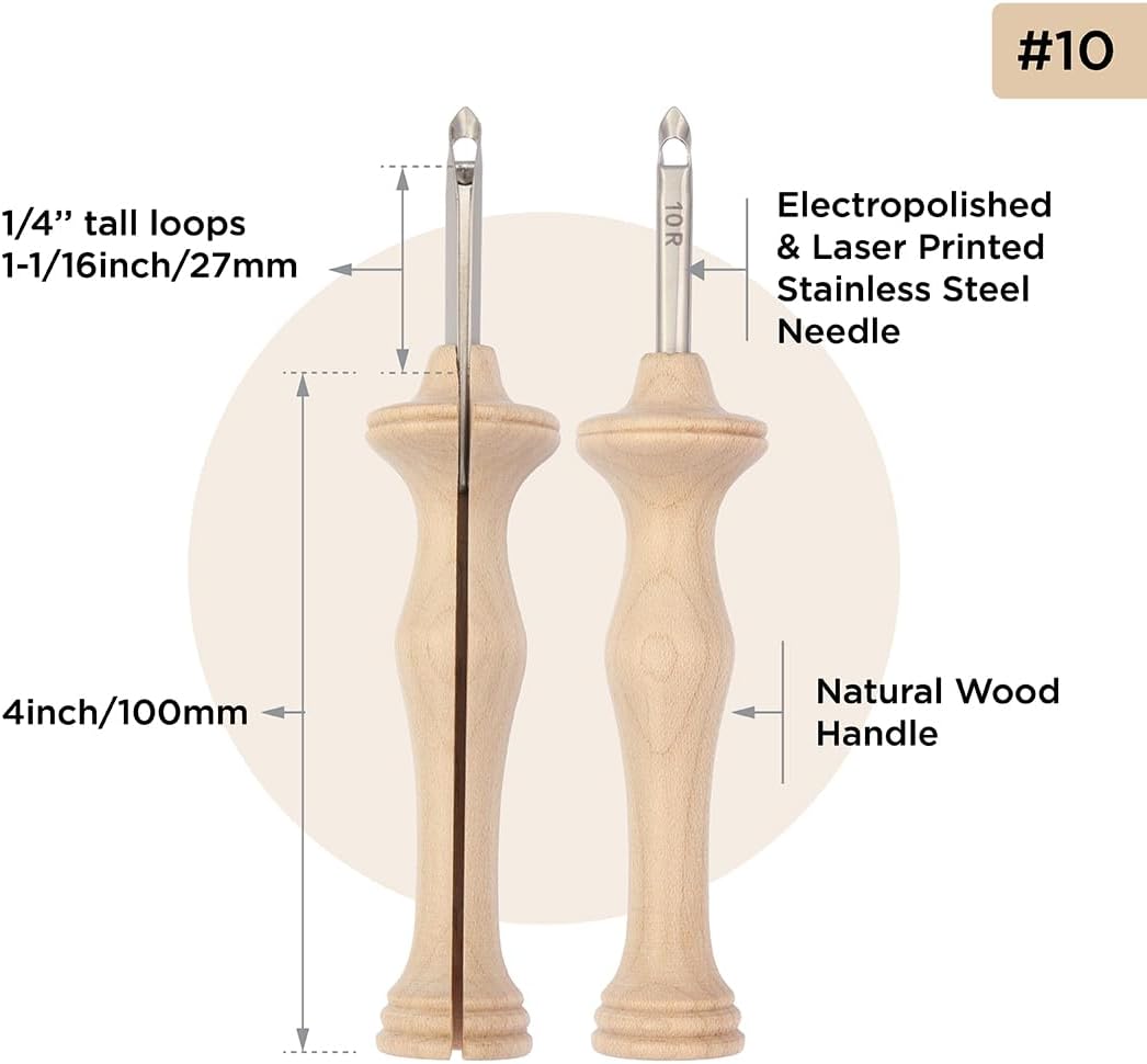 The Oxford Punch Needle #10 (1/4 inch Loop) Regular Point | Ergonomically Designed Natural Wood Handle | Electropolished Steel Tip | Ideal for Punch Needle Rug Hooking