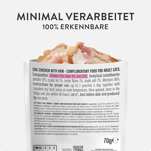 Schesir, Hähnchenfilets mit Schinken in Gelee, ergänzendes Nassfutter für Katzen, Originalrezept, 100% natürlich, 12 Beutel à 70 g