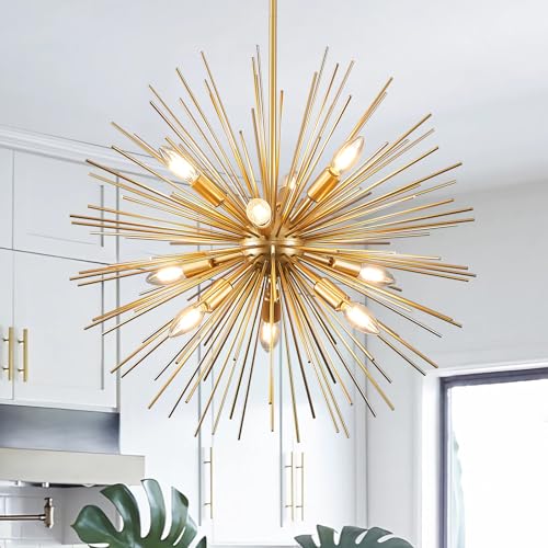 FookChak 24in Gold Sputnik Chandelier 9-Light Starburst Chandelier Light Fixture Solid Metal...