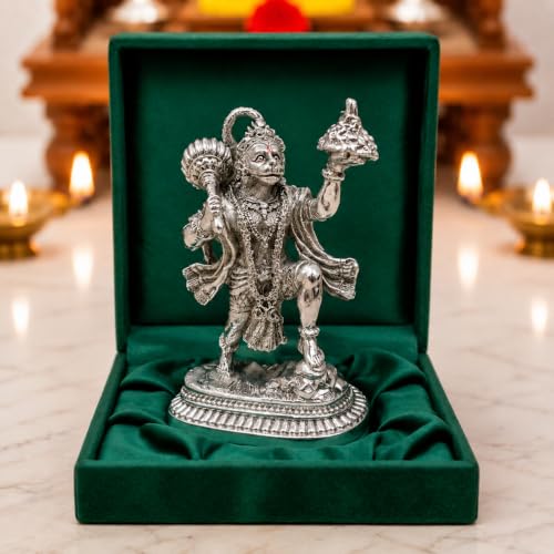 Image of 999 Silver Plated Hanuman ji Idol with Sanjeevani Mountain - 5.2 Inch | Bajrangbali Murti for Home Pooja Room, A Home Decor Lord Hanuman ji Idol Gift
