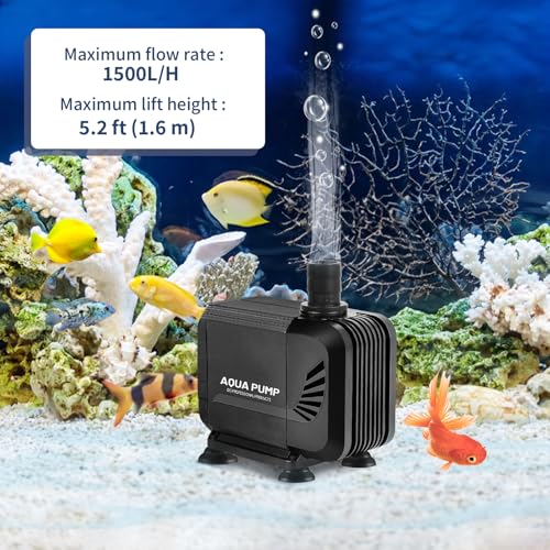 SWAWIS Wasserpumpe Teichpumpe Tauchpumpe 1500L/H 15W Aquarium Pumpe Mini Wasserpumpe Aquariumpumpe Ultra-Quiet Springbrunnenpumpe mit 2 Düse 13mm/16mm Brunnenpumpen Pumpe Wasser
