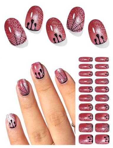 AutyaMee Semi Cured Gel Nail Strips (Blood Drip Cat Eye) Halloween Spider Web 20 Pcs Red Gel Nail Wraps Stickers Salon Quality Works With Any Lamps