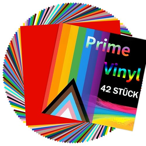 Prime Vinyl Vinylfolie Plotter- 42 Stück Plotterfolie (30.5cm x 30.5 cm), Plotterfolie Vinyl Selbstklebend für Schneidemaschine, Silhouette und Cameo Cutter