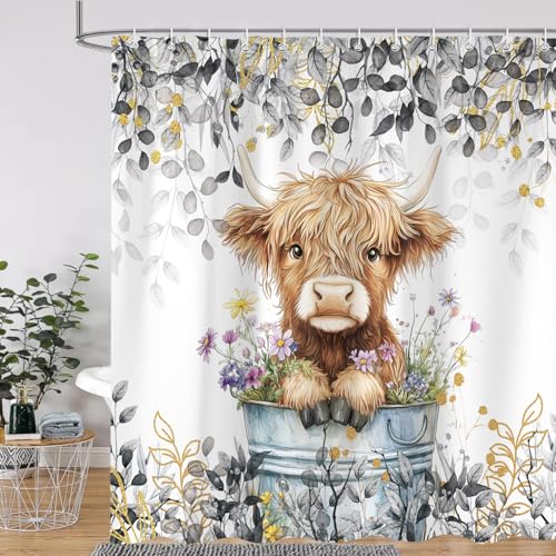 Rideau de douche rustique imperméable gris avec motif vache écossaise 183x183cm